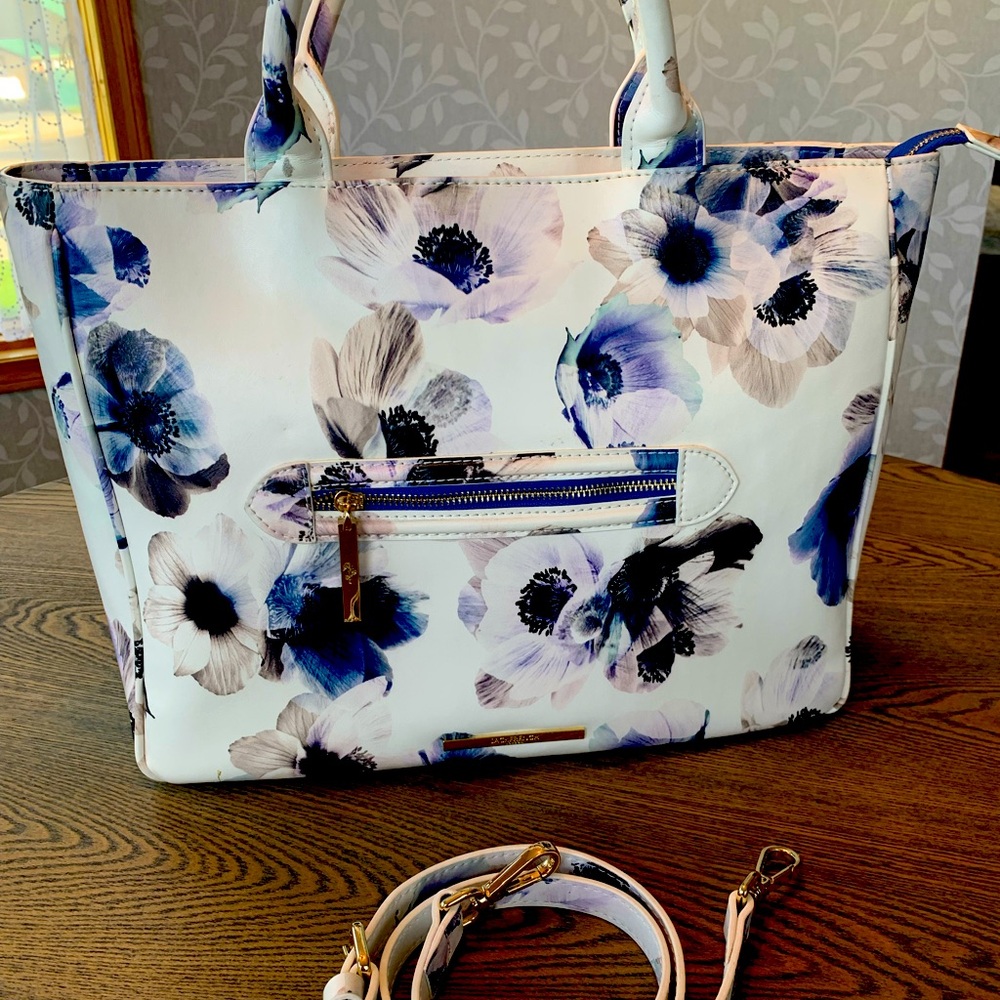 Floral White and Blue Leather Tote Bag with Gold Accents